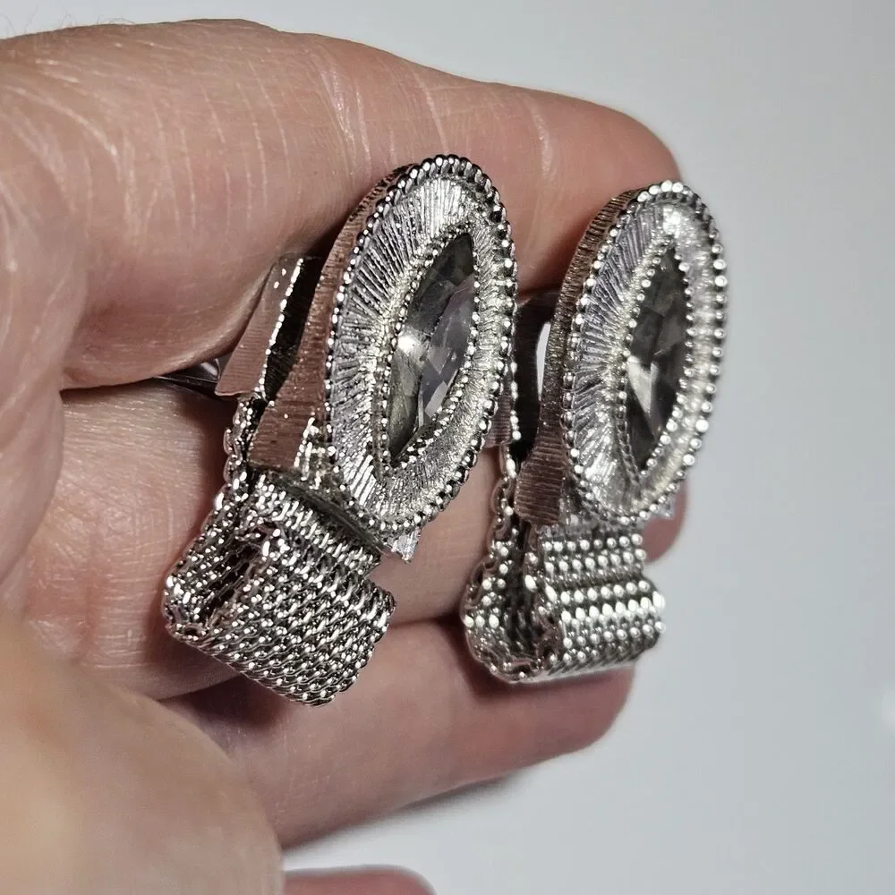 Vintage Swank Clear Marquise Shape Rhine Wrap Around Mesh Silver Tone Cuff Links
